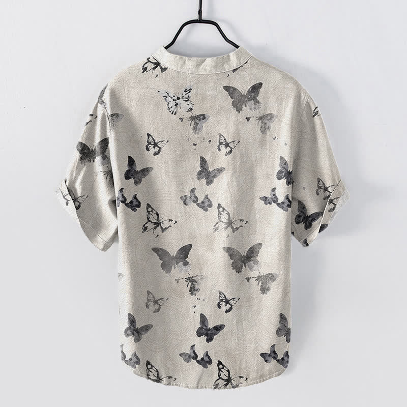 Buddha Stones Cotton Butterfly Pattern Men's Short Sleeve Half Button Shirt - image 3