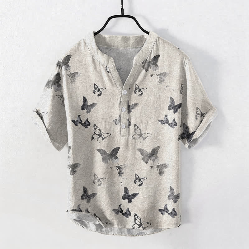 Buddha Stones Cotton Butterfly Pattern Men's Short Sleeve Half Button Shirt - Linen - US/UK/AU50，EU60 (5XL) - image 2