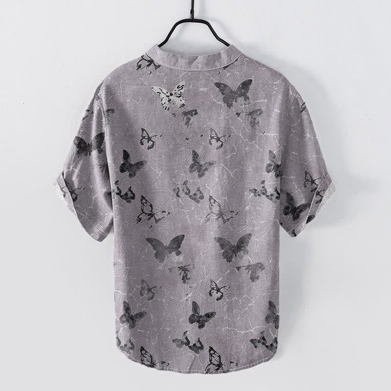 Buddha Stones Cotton Butterfly Pattern Men's Short Sleeve Half Button Shirt - image 1