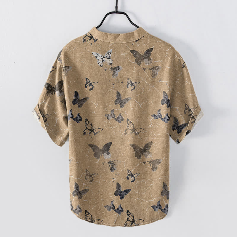 Buddha Stones Cotton Butterfly Pattern Men's Short Sleeve Half Button Shirt - image 6