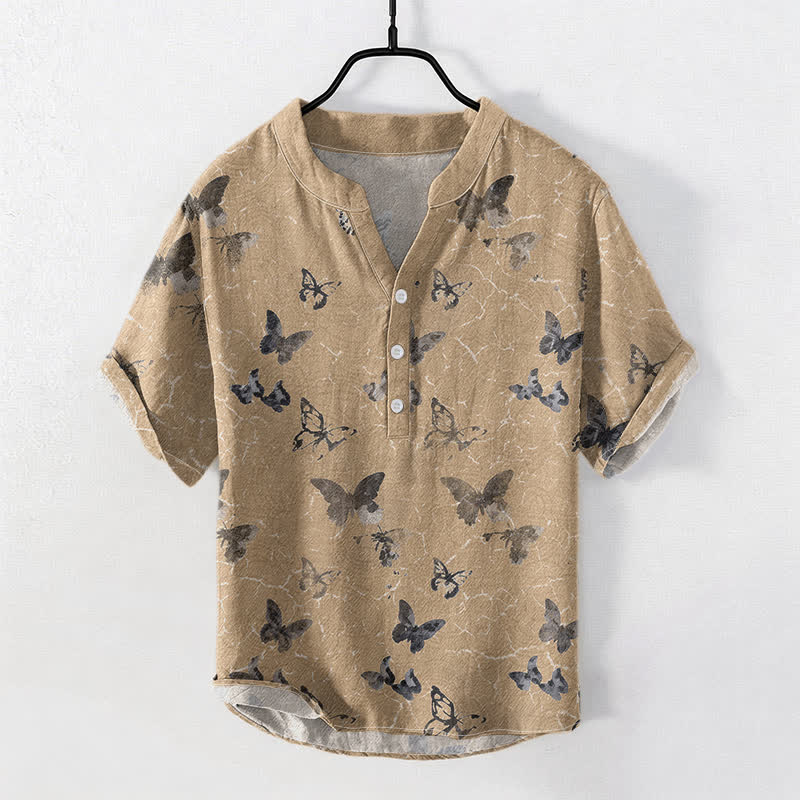 Buddha Stones Cotton Butterfly Pattern Men's Short Sleeve Half Button Shirt - Tan - US/UK/AU50，EU60 (5XL) - image 5