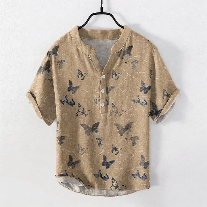Buddha Stones Cotton Butterfly Pattern Men's Short Sleeve Half Button Shirt - Tan - US/UK/AU50，EU60 (5XL) - image 5