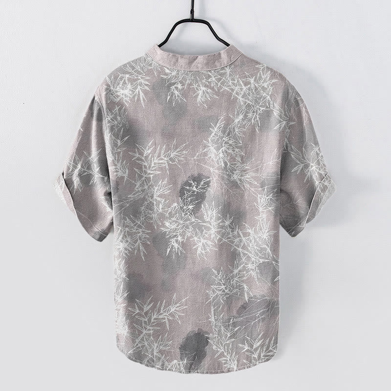 Buddha Stones Cotton Bamboo Leaf Pattern Men's Short Sleeve Half Button Shirt - image 1