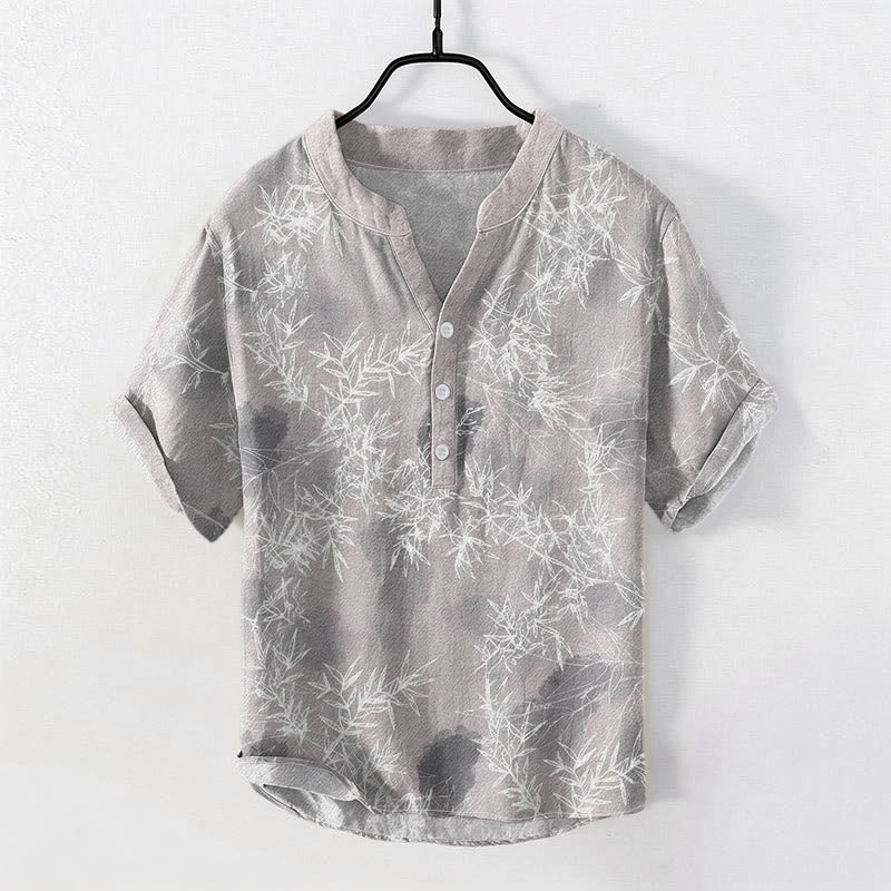 Buddha Stones Cotton Bamboo Leaf Pattern Men's Short Sleeve Half Button Shirt - LightGrey - US/UK/AU50，EU60 (5XL) - image 0