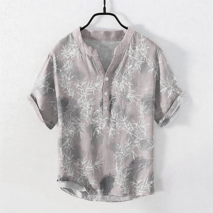 Buddha Stones Cotton Bamboo Leaf Pattern Men's Short Sleeve Half Button Shirt - LightGrey - US/UK/AU50，EU60 (5XL) - image 0