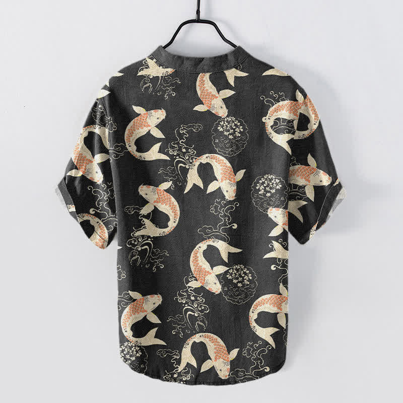Buddha Stones Cotton Koi Fish Ripple Pattern Men's Short Sleeve Half Button Shirt - image 1