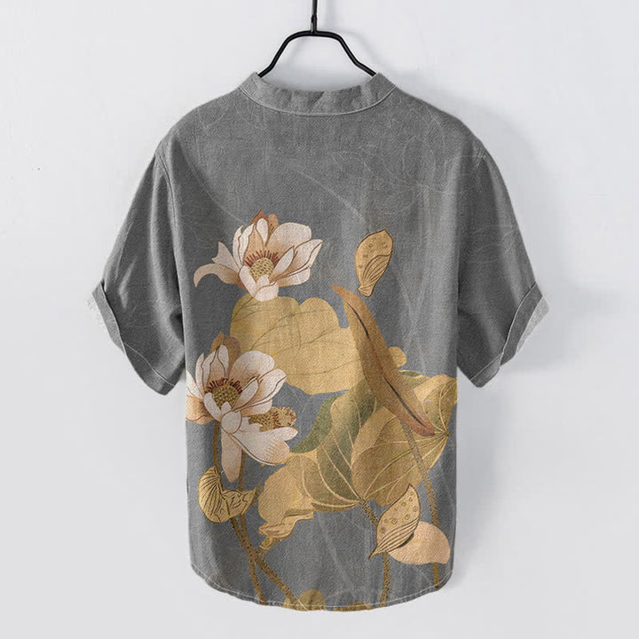 Buddha Stones Cotton Hand Painted Lotus Pattern Men's Short Sleeve Half Button Shirt - image 6