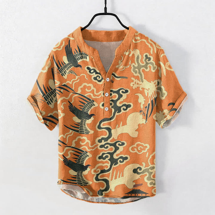 Buddha Stones Cotton Crane Cloud Motif Pattern Men's Short Sleeve Half Button Shirt - DarkOrange - US/UK/AU50，EU60 (5XL) - image 0