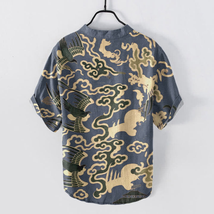 Buddha Stones Cotton Crane Cloud Motif Pattern Men's Short Sleeve Half Button Shirt - image 6