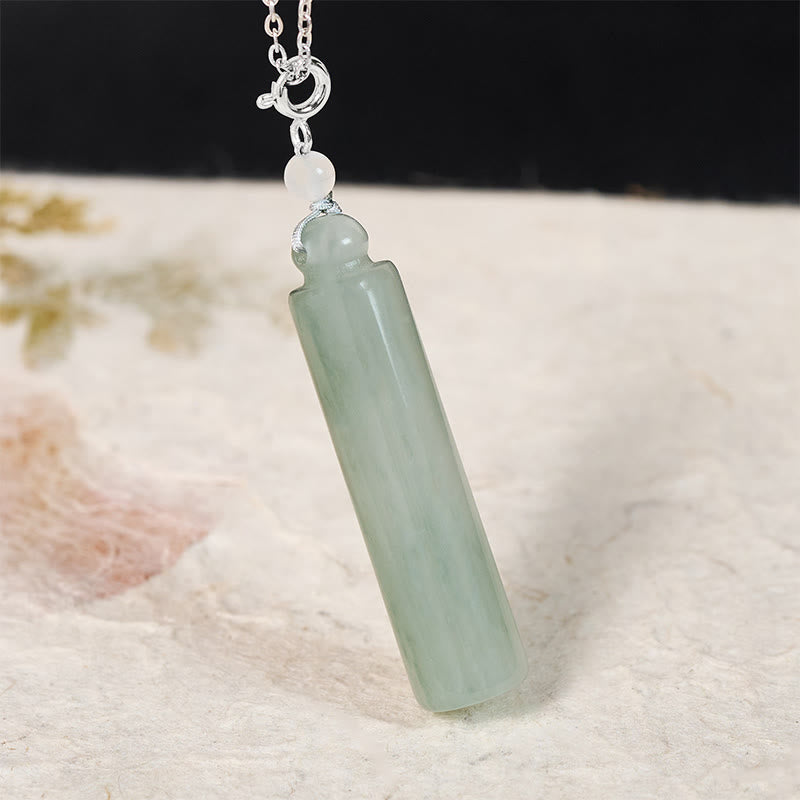 Buddha Stones Cylinder Pattern Jade Luck Necklace Pendant - Silver-Natural Jade(Color&Size May Vary) - image 9