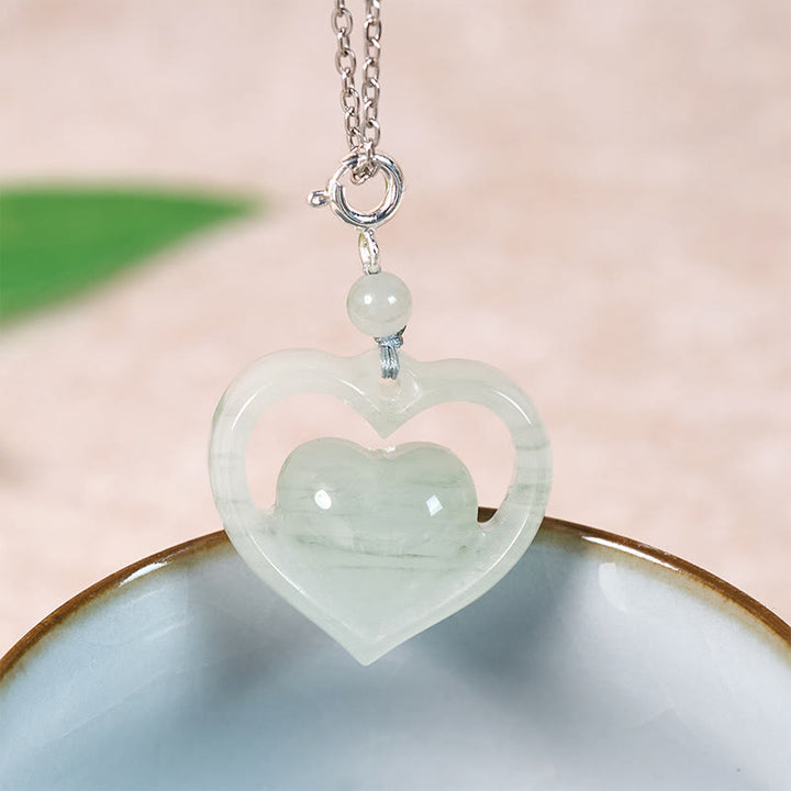 Buddha Stones Hollow Love Heart Jade Abundance Necklace Pendant - Silver-Natural Jade(Color&Size May Vary) - image 7