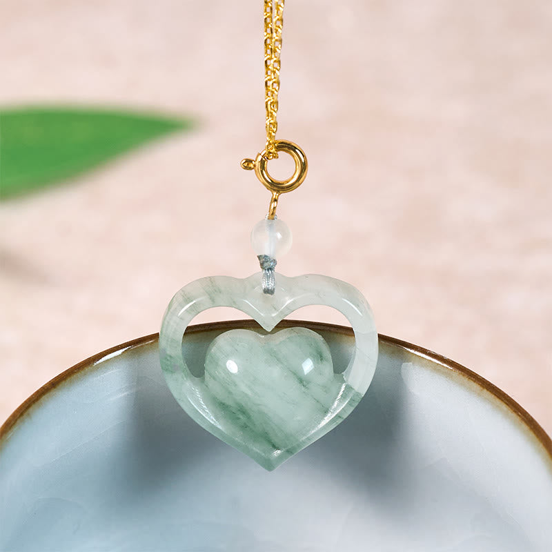 Buddha Stones Hollow Love Heart Jade Abundance Necklace Pendant - Golden-Natural Jade(Color&Size May Vary) - image 0