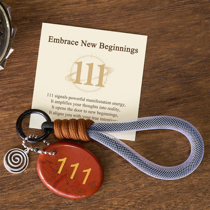 Buddha Stones "Embrace New Beginnings" 111 Angel Number Natural Red Jasper Key Chain Hanging Decoration Includes Gift Message Card - Red Jasper - image 0