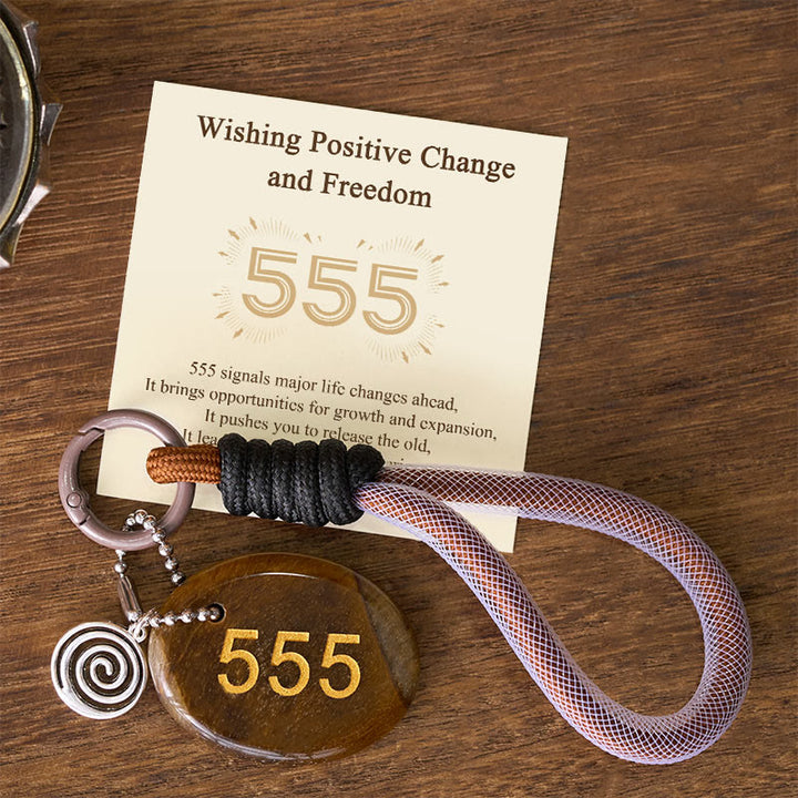 Buddha Stones "Wishing Positive Change and Freedom" 555 Angel Number Natural Tiger Eye Key Chain Hanging Decoration Includes Gift Message Card - Tiger Eye - image 0