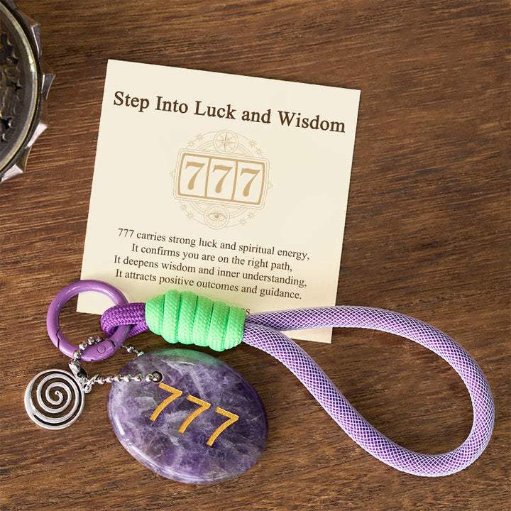 Buddha Stones "Step Into Luck and Wisdom" 777 Angel Number Natural Amethyst Key Chain Hanging Decoration Includes Gift Message Card - Amethyst - image 0