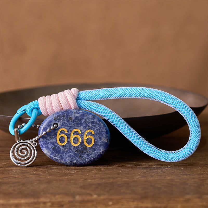 Buddha Stones "Wishing Balance and Inner Peace" 666 Angel Number Natural Sodalite Key Chain Hanging Decoration Includes Gift Message Card - image 1