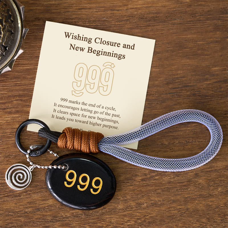 Buddha Stones "Wishing Closure and New Beginnings" 999 Angel Number Natural Black Obsidian Key Chain Hanging Decoration Includes Gift Message Card - Black Obsidian - image 0