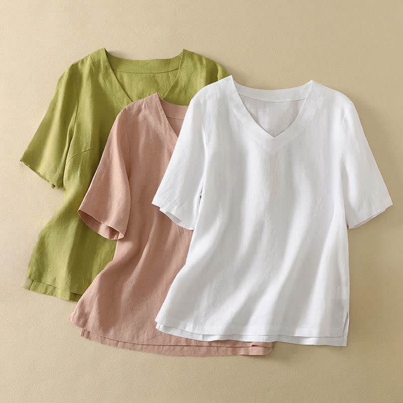 Buddha Stones Summer Minimalist V Neck Solid Women's Short Sleeve T-Shirts - image 20