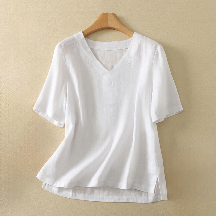 Buddha Stones Summer Minimalist V Neck Solid Women's Short Sleeve T-Shirts - White - US8-10，UK/AU12-14，EU40-42 (2XL) - image 10