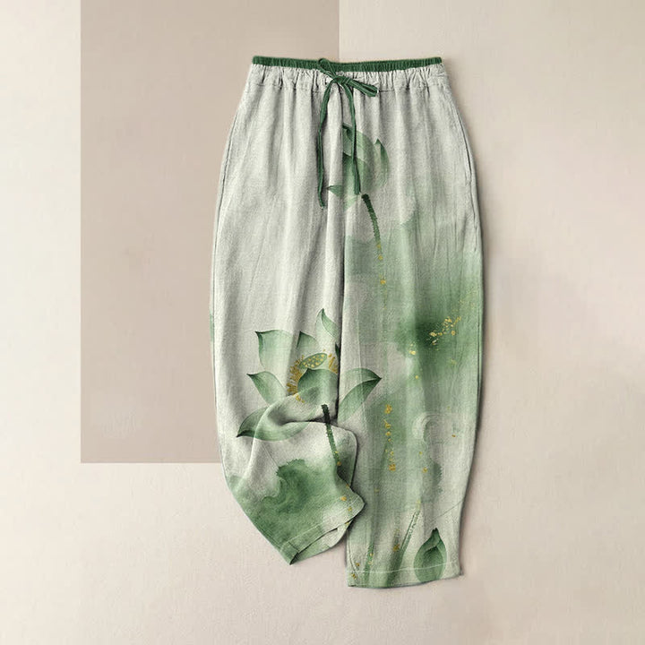 Buddha Stones Pure Cotton Lotus Gold Fleck Pattern Women's Elastic Waist Pants With Pockets - DarkSeaGreen - US16，UK/AU20，EU48 (3XL) - image 0