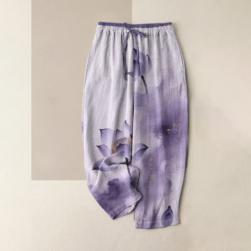 Buddha Stones Pure Cotton Lotus Gold Fleck Pattern Women's Elastic Waist Pants With Pockets - Lavender - US16，UK/AU20，EU48 (3XL) - image 3