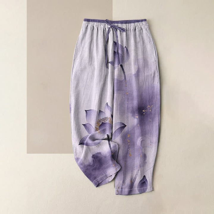 Buddha Stones Pure Cotton Lotus Gold Fleck Pattern Women's Elastic Waist Pants With Pockets - Lavender - US16，UK/AU20，EU48 (3XL) - image 3