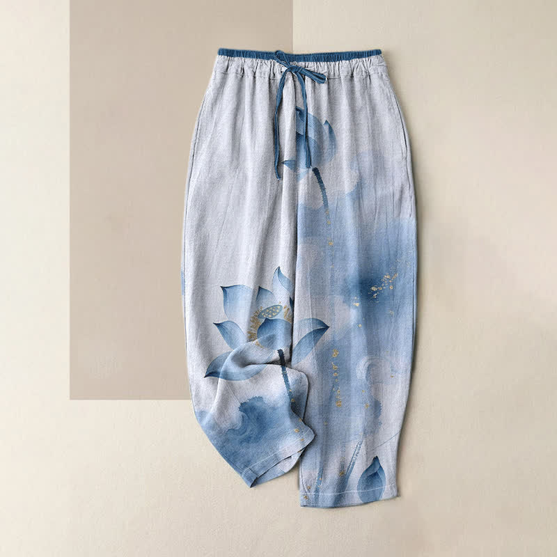 Buddha Stones Pure Cotton Lotus Gold Fleck Pattern Women's Elastic Waist Pants With Pockets - Azure - US16，UK/AU20，EU48 (3XL) - image 4
