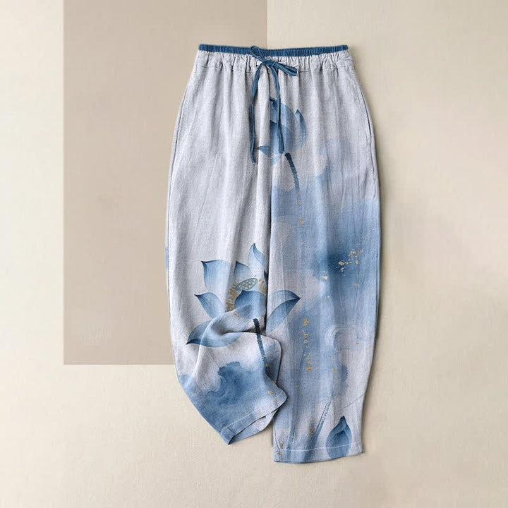 Buddha Stones Pure Cotton Lotus Gold Fleck Pattern Women's Elastic Waist Pants With Pockets - Azure - US16，UK/AU20，EU48 (3XL) - image 4