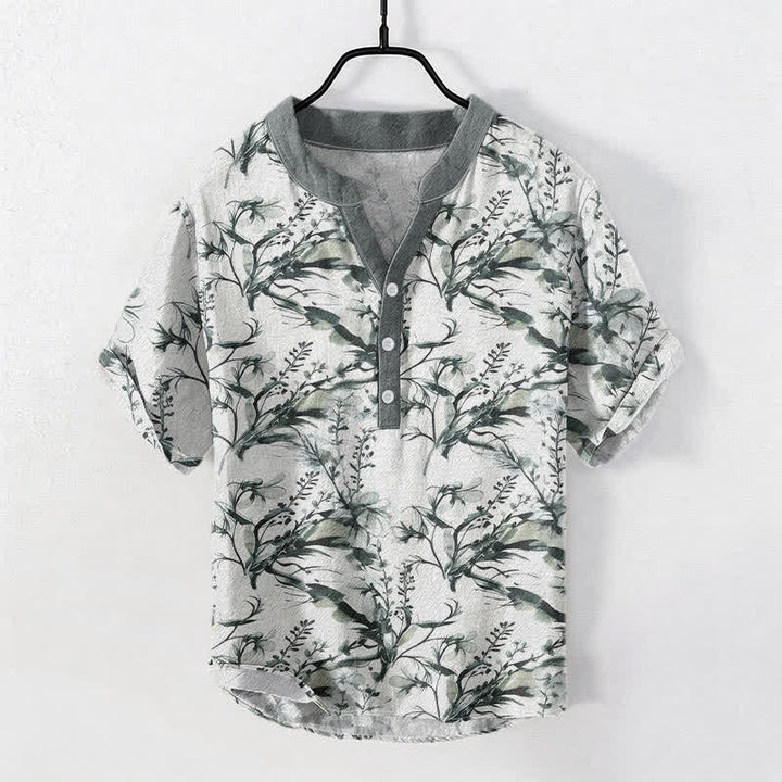 Buddha Stones Pure Cotton Lavender Sprig Pattern Men's Short Sleeve Half Button Shirt - LightGrey - US/UK/AU50，EU60 (5XL) - image 0