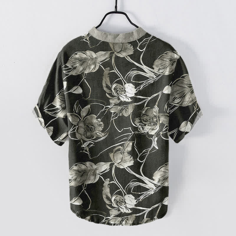 Buddha Stones Cotton Botanical Floral Leaves Pattern Men's Short Sleeve Half Button Shirt - image 1