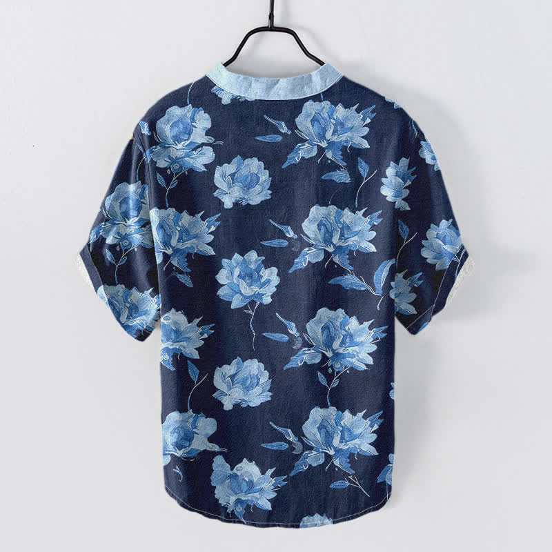 Buddha Stones Cotton Vintage Floral Petals Pattern Men's Short Sleeve Half Button Shirt - image 4