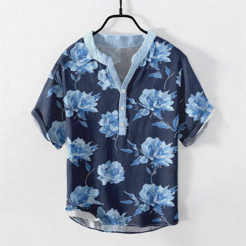 Buddha Stones Cotton Vintage Floral Petals Pattern Men's Short Sleeve Half Button Shirt - Navy - US/UK/AU50，EU60 (5XL) - image 3