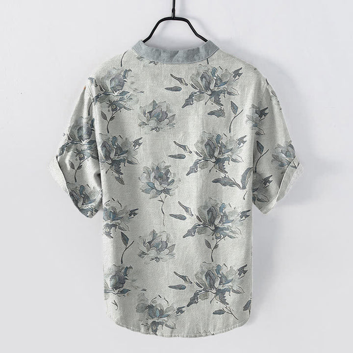 Buddha Stones Cotton Vintage Floral Petals Pattern Men's Short Sleeve Half Button Shirt - image 6