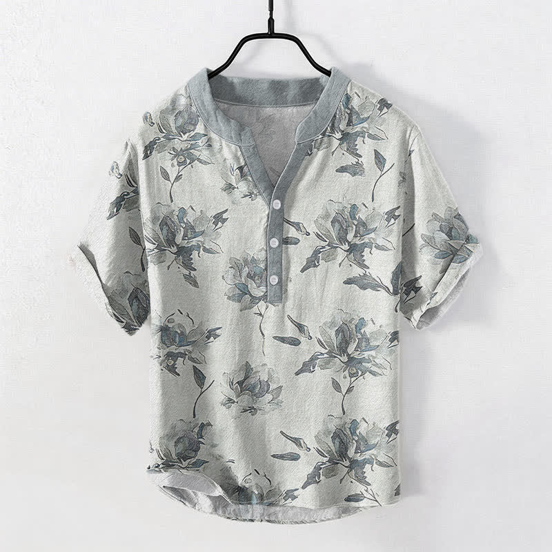 Buddha Stones Cotton Vintage Floral Petals Pattern Men's Short Sleeve Half Button Shirt - LightGrey - US/UK/AU50，EU60 (5XL) - image 5