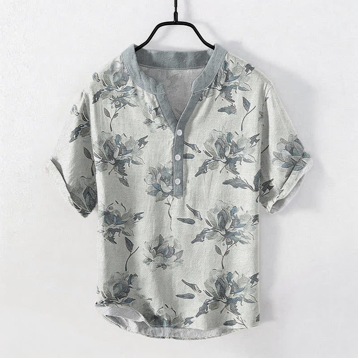 Buddha Stones Cotton Vintage Floral Petals Pattern Men's Short Sleeve Half Button Shirt - LightGrey - US/UK/AU50，EU60 (5XL) - image 5