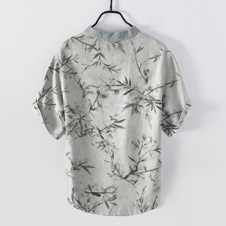 Buddha Stones Cotton Bamboo Ink Pattern Men's Short Sleeve Half Button Shirt - image 1