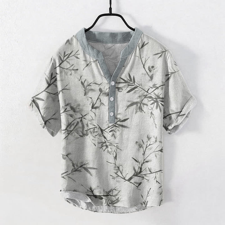 Buddha Stones Cotton Bamboo Ink Pattern Men's Short Sleeve Half Button Shirt - LightGrey - US/UK/AU50，EU60 (5XL) - image 0