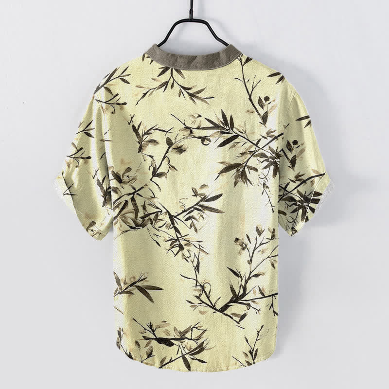 Buddha Stones Cotton Bamboo Ink Pattern Men's Short Sleeve Half Button Shirt - image 4