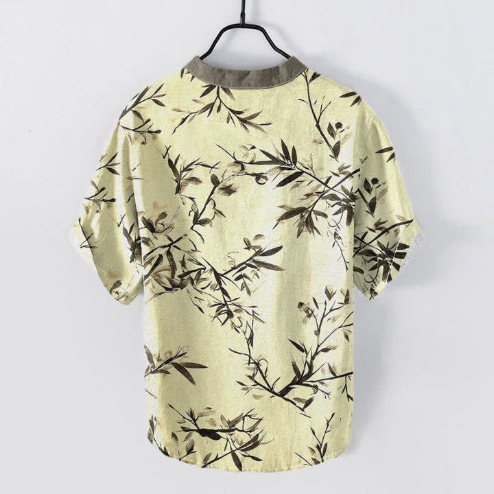 Buddha Stones Cotton Bamboo Ink Pattern Men's Short Sleeve Half Button Shirt - image 4