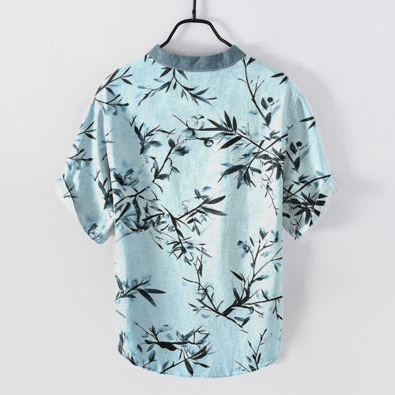 Buddha Stones Cotton Bamboo Ink Pattern Men's Short Sleeve Half Button Shirt - image 6
