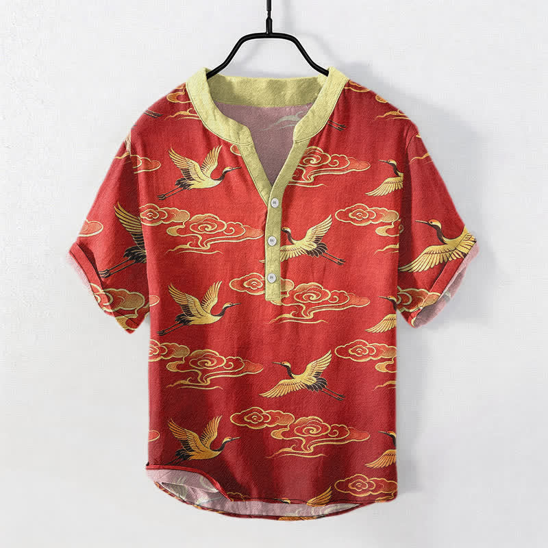 Buddha Stones Cotton Golden Crane Auspicious Clouds Pattern Men's Short Sleeve Half Button Shirt - Crimson - US/UK/AU50，EU60 (5XL) - image 5