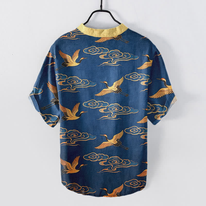 Buddha Stones Cotton Golden Crane Auspicious Clouds Pattern Men's Short Sleeve Half Button Shirt - image 8