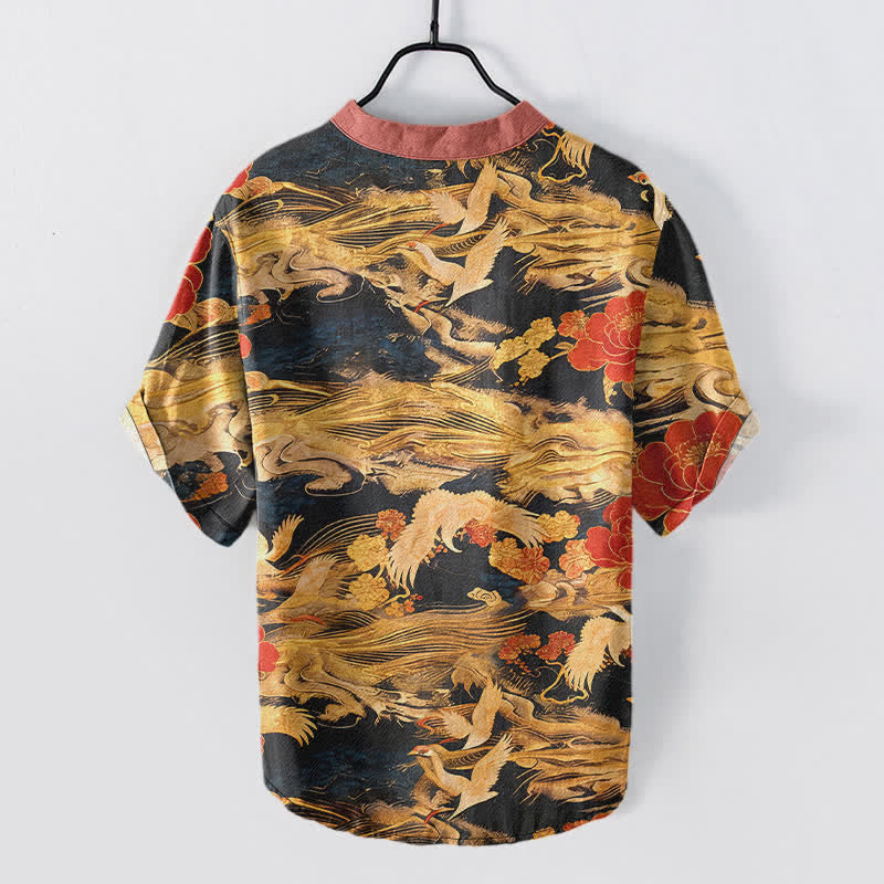 Buddha Stones Cotton Vintage White Crane Peony Pattern Men's Short Sleeve Half Button Shirt - image 1