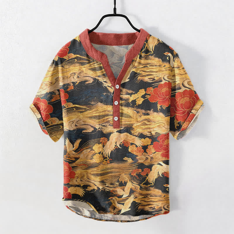 Buddha Stones Cotton Vintage White Crane Peony Pattern Men's Short Sleeve Half Button Shirt - Black - US/UK/AU50，EU60 (5XL) - image 0