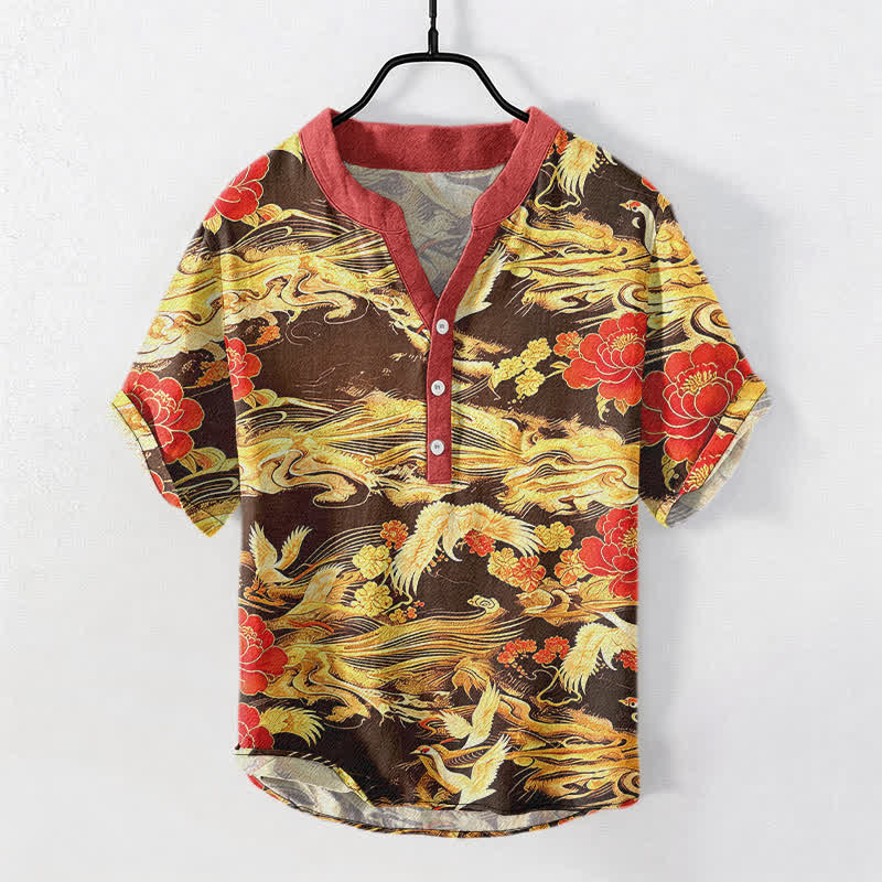 Buddha Stones Cotton Vintage White Crane Peony Pattern Men's Short Sleeve Half Button Shirt - SaddleBrown - US/UK/AU50，EU60 (5XL) - image 5