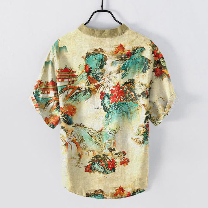 Buddha Stones Cotton Oriental Landscape Pagodas Mountains Pattern Men's Short Sleeve Half Button Shirt - image 1