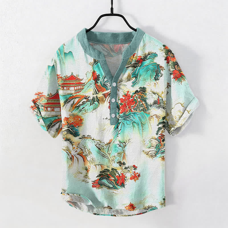 Buddha Stones Cotton Oriental Landscape Pagodas Mountains Pattern Men's Short Sleeve Half Button Shirt - PaleTurquoise - US/UK/AU50，EU60 (5XL) - image 3