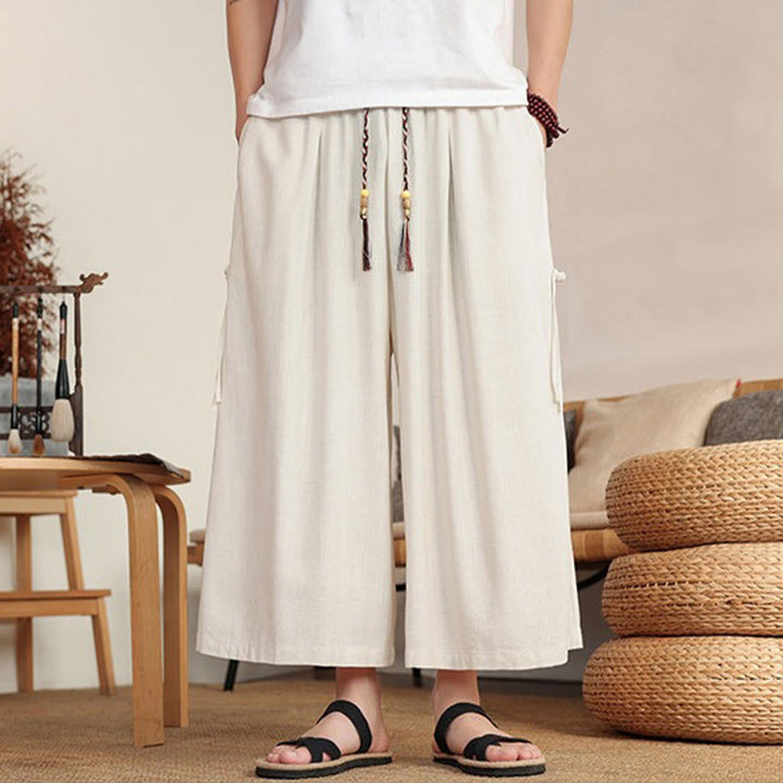 Buddha Stones Summer Solid Men's Elastic Waist Wide Leg Pants With Pockets - image 5