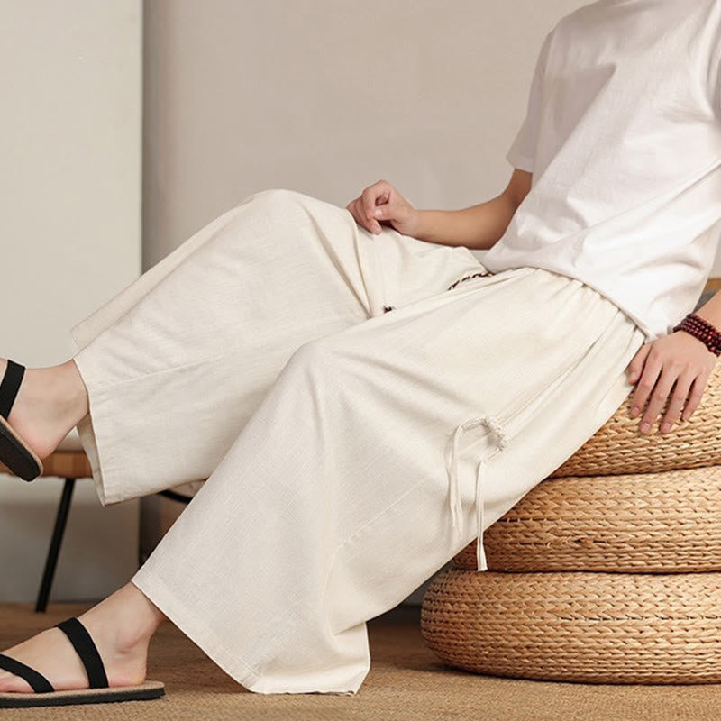 Buddha Stones Summer Solid Men's Elastic Waist Wide Leg Pants With Pockets - image 8