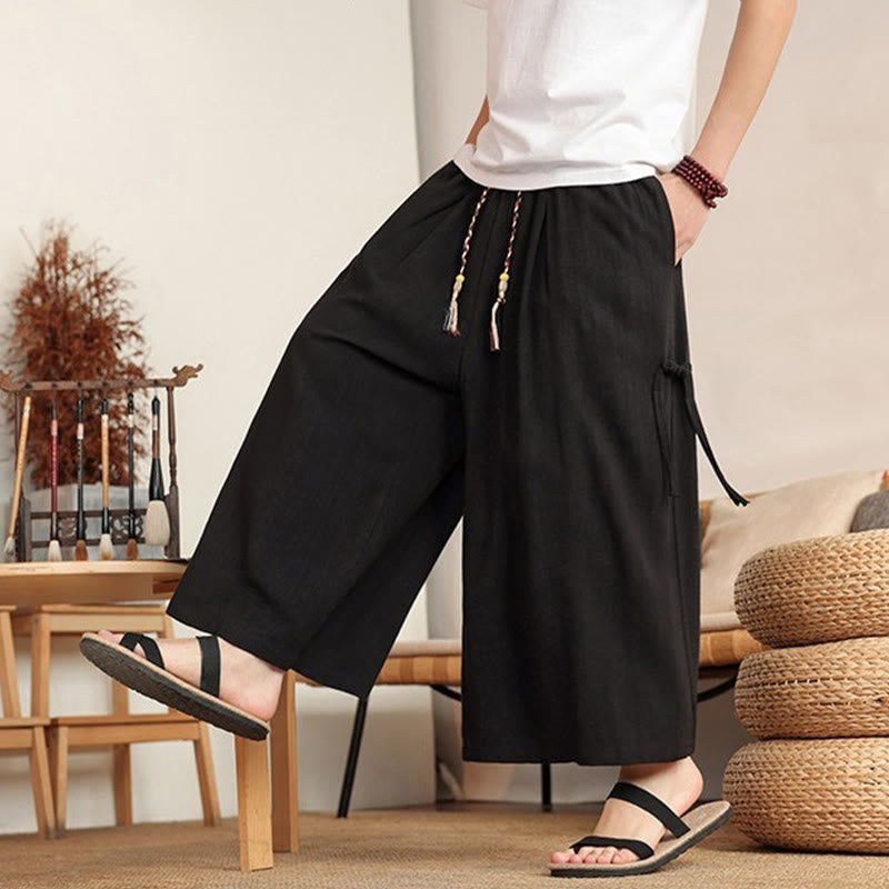 Buddha Stones Summer Solid Men's Elastic Waist Wide Leg Pants With Pockets - image 12